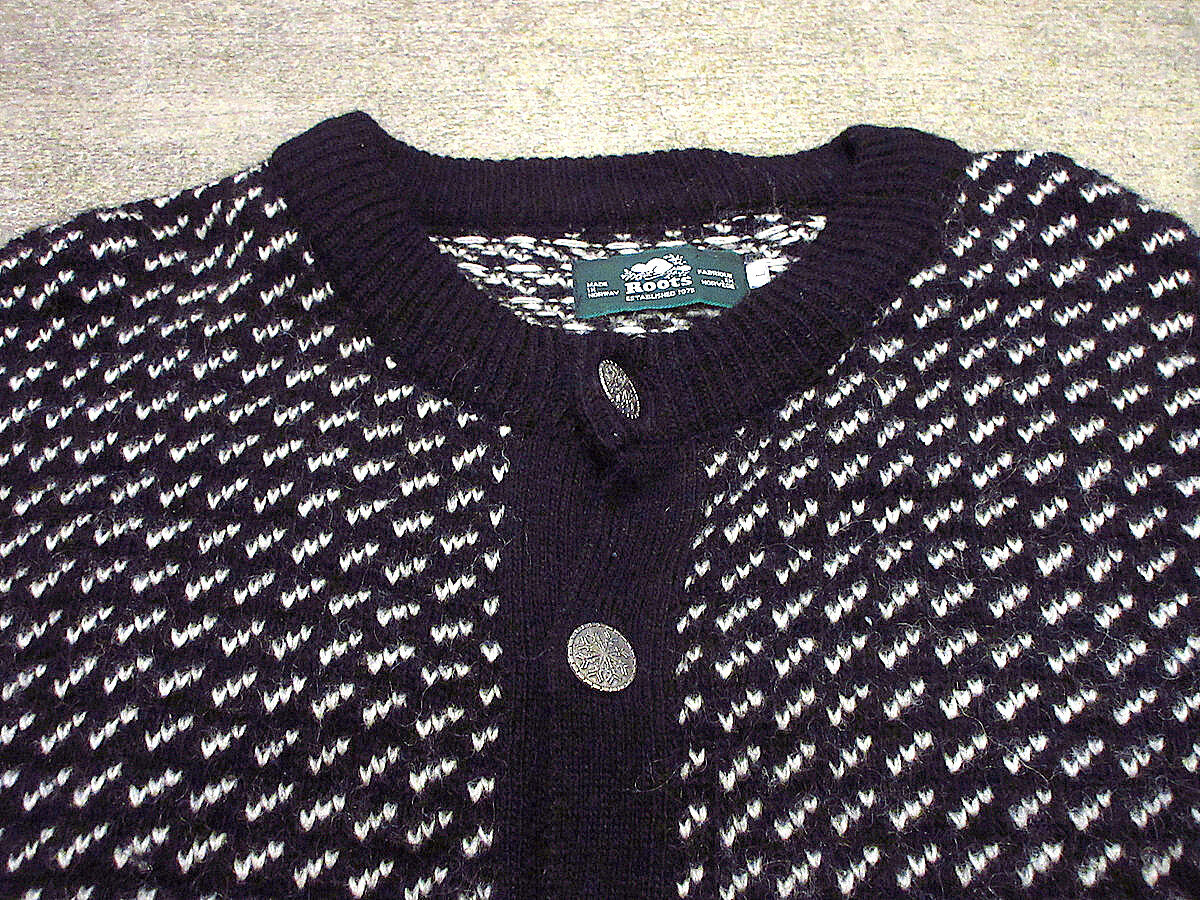 ノルウェー製　Roots バーズアイ　ニット　カーディガン　黒　rkn024 Rootsウールバーズアイカーディガンsize L○230308k2-m-cdg古着
