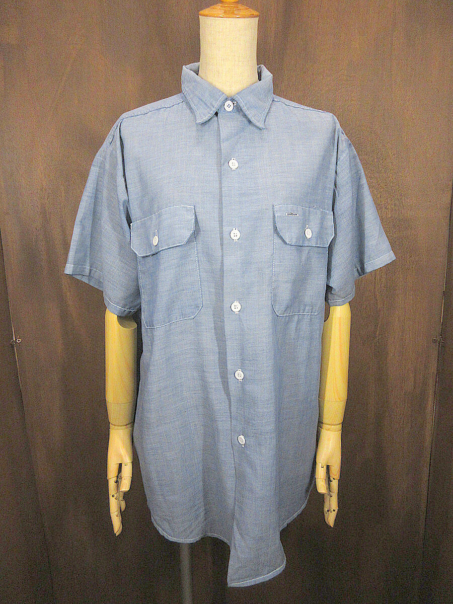 ビンテージ70's○MONTGOMERY WARDシャンブレー半袖ワークシャツ水色
