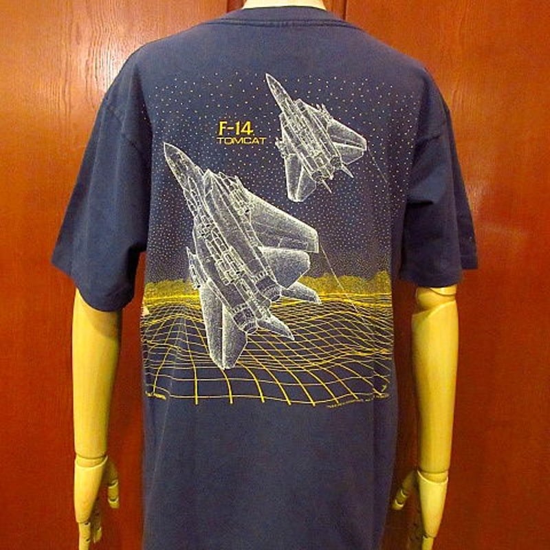 ビンテージ80's○F-14 TOMCAT 戦闘機プリントTシャツ紺 Size L
