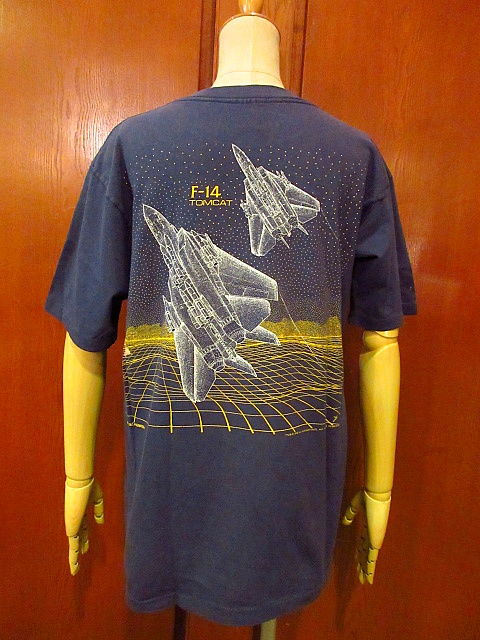 ビンテージ80's○F-14 TOMCAT 戦闘機プリントTシャツ紺 Size L○20070