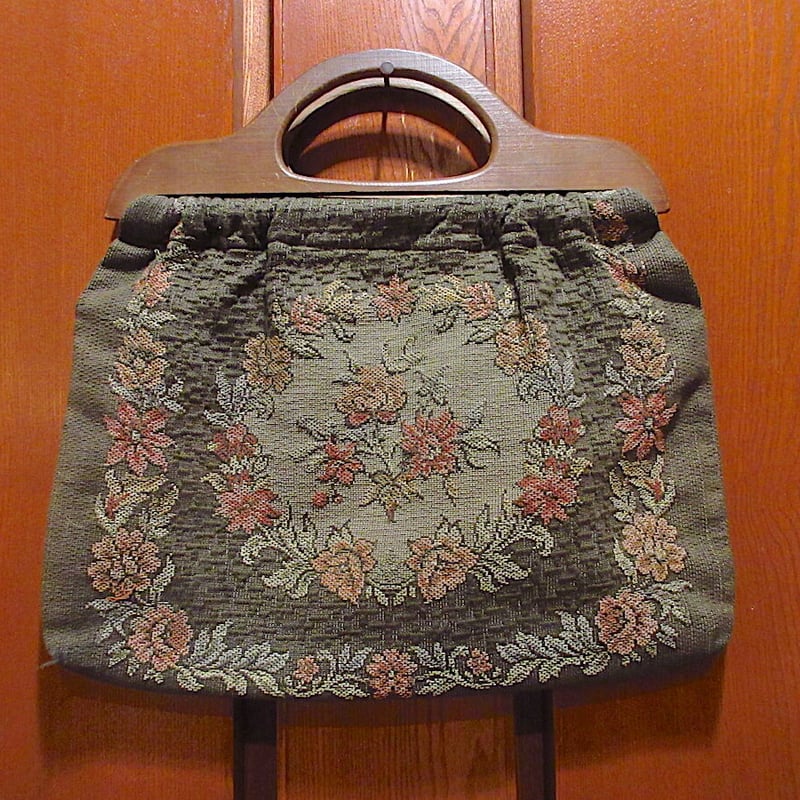ビンテージ~70's○ウッドハンドルフラワーハンドバッグ