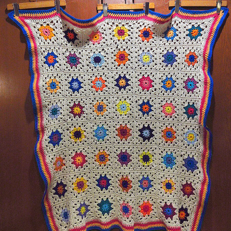 ビンテージ○かぎ針編みブランケットsize 約127cm×約155cm○230327j5-bl