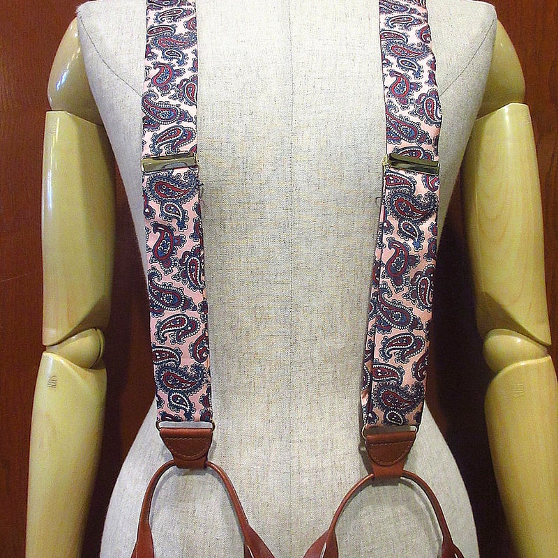 ビンテージ70's○ペイズリー柄シルクボタン留めサスペンダーピンク