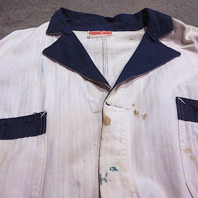ビンテージ40's50's○Stone Cutterヘリンボーンショップコート白 ビンテージ40's50's○Stone Cutterヘリンボーンショップコート白