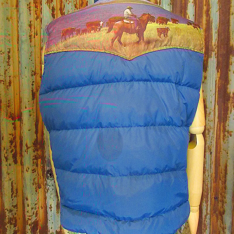 ビンテージ70's○フォトプリント切り返しダウンベスト青size M