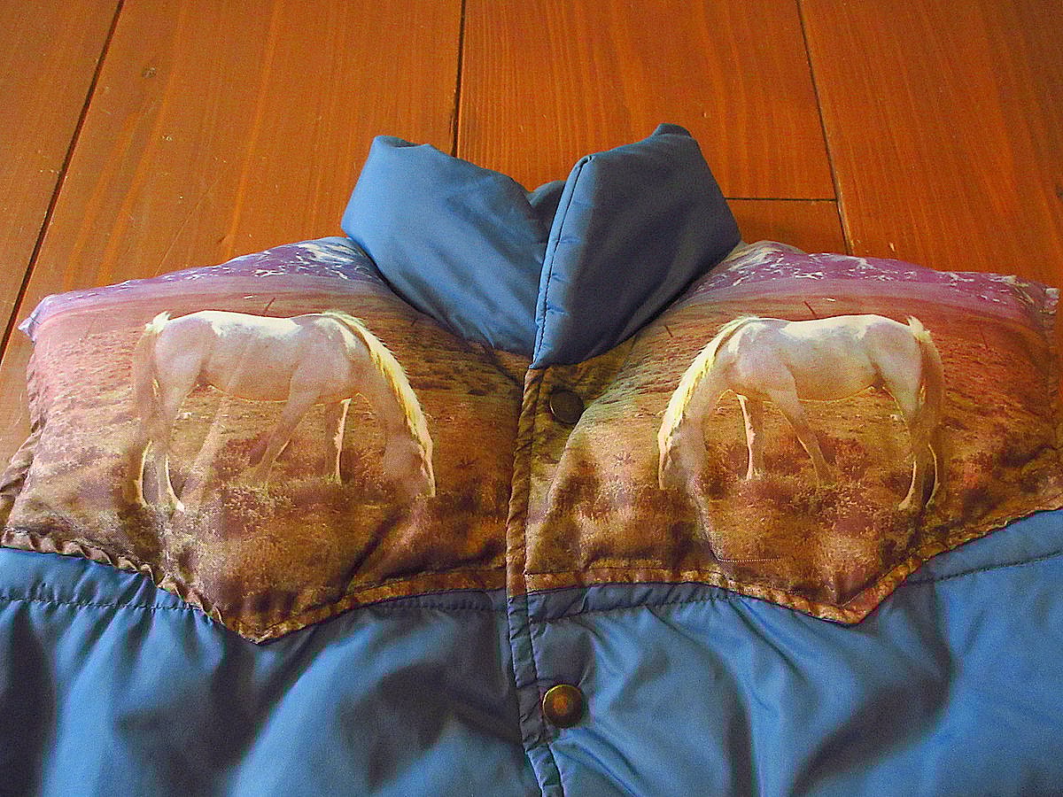 ビンテージ70's○フォトプリント切り返しダウンベスト青size M