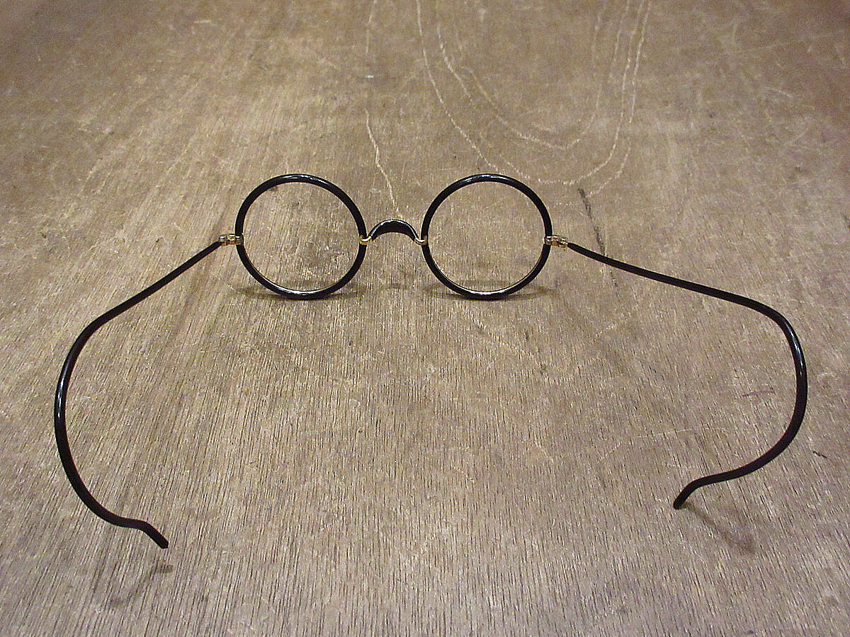 ヴィンテージ メガネ セル巻き ラウンドメガネ 40‘s ケース付 M89 ビンテージ20's30's○ケース付きセル巻きラウンド眼鏡黒○220626i7