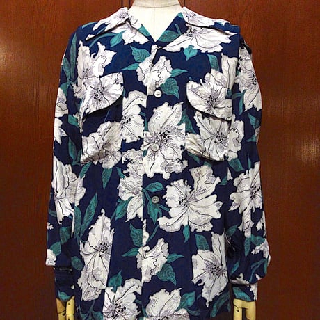 ビンテージ40's50’s●Holiday花柄レーヨンハワイアンシャツsize M●231010m4-m-lssh-lp長袖アロハループカラー古着