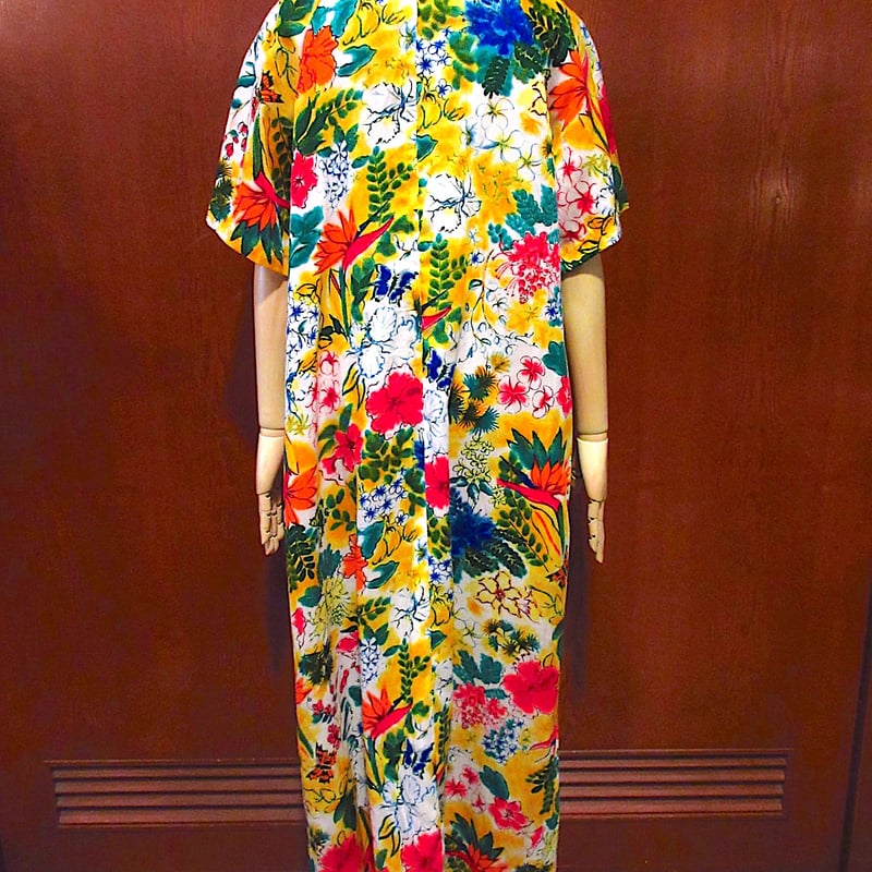 ビンテージ70's○ハイビスカス総柄ハワイアンワンピースsize 15 ビンテージ70's○ハイビスカス総柄ハワイアンワンピースsize 15