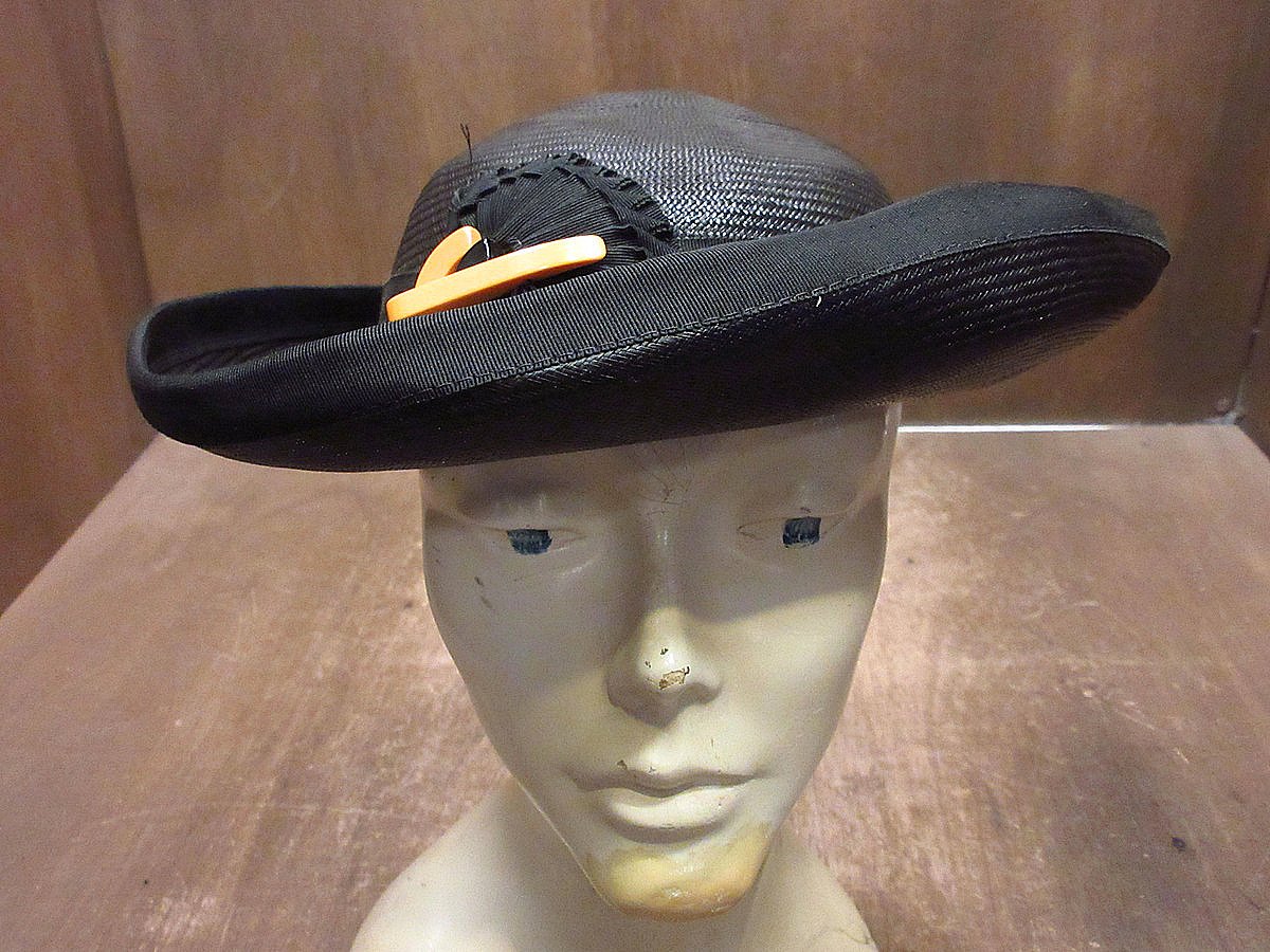 ビンテージ40's○レディースストローハット黒○240729i3-w-ht-str
