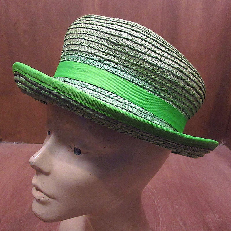 ビンテージ70's○レディースストローハット黄緑○220713i4-w-ht ビンテージ70's○レディースストローハット黄緑○220713i4-w-ht