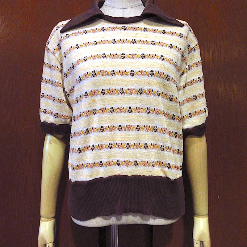 ビンテージ70's○KENNINTON襟付きボーダー半袖ニット○240510c6 ビンテージ70's○KENNINTON襟付きボーダー半袖ニット○240510c6