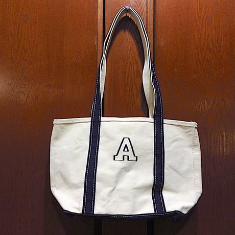 ビンテージ90’s●DEADSTOCK L.L.Bean刺繍入りロングハンドルキャンバストートバッグ白×紺size M●231212m1-bag-ttビーントート鞄