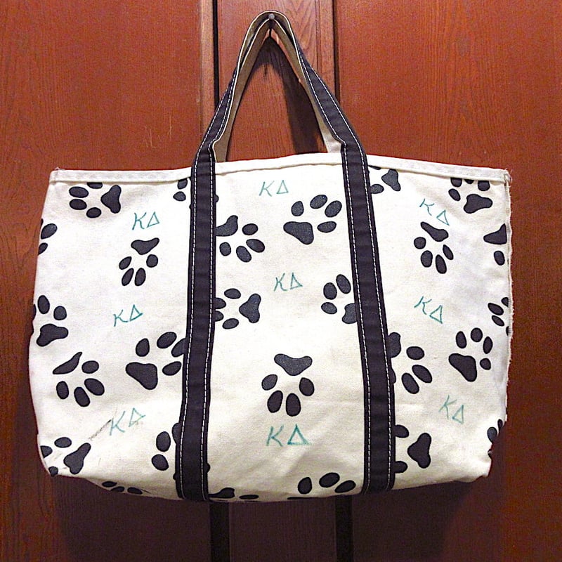 ビンテージ90's○L.L.Bean犬足跡柄キャンバストートバッグ黒×白