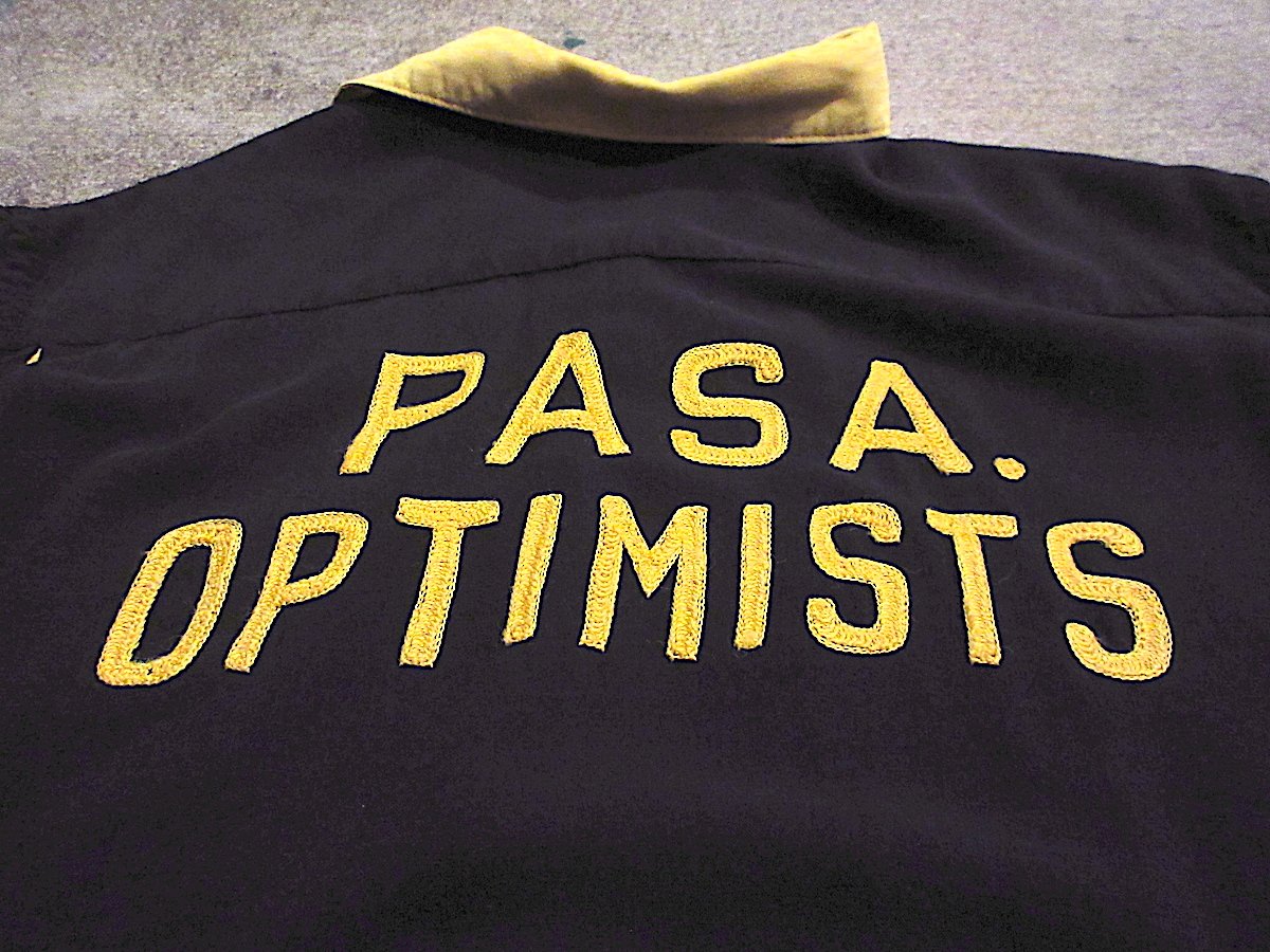 ビンテージ50's60's○Hiltonツートン刺繍入りボウリングシャツ黄×黒