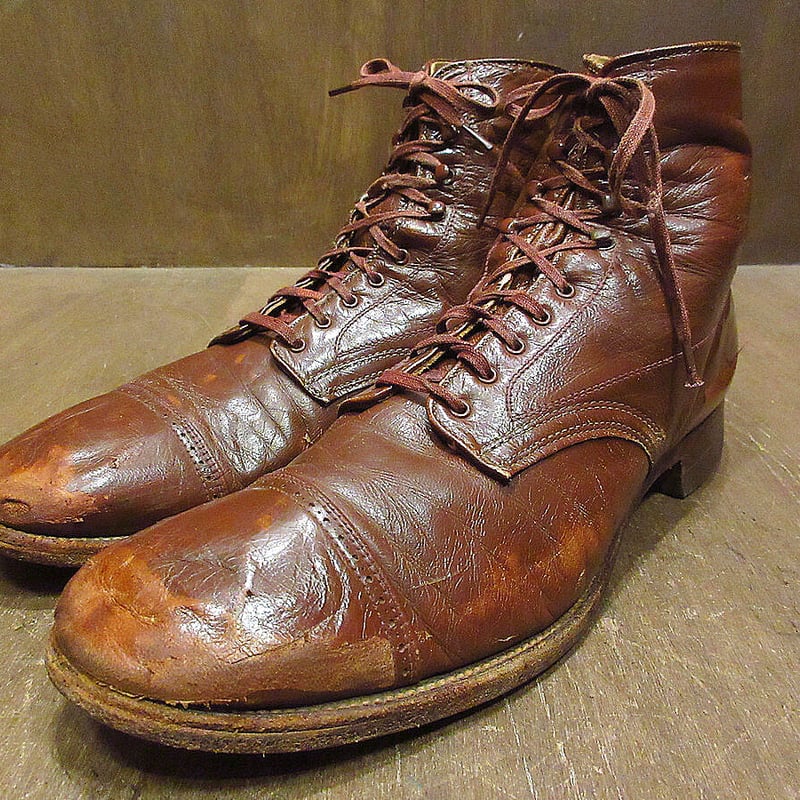 ビンテージ30's40's○キャップトゥレースアップブーツ茶size 8 1/2