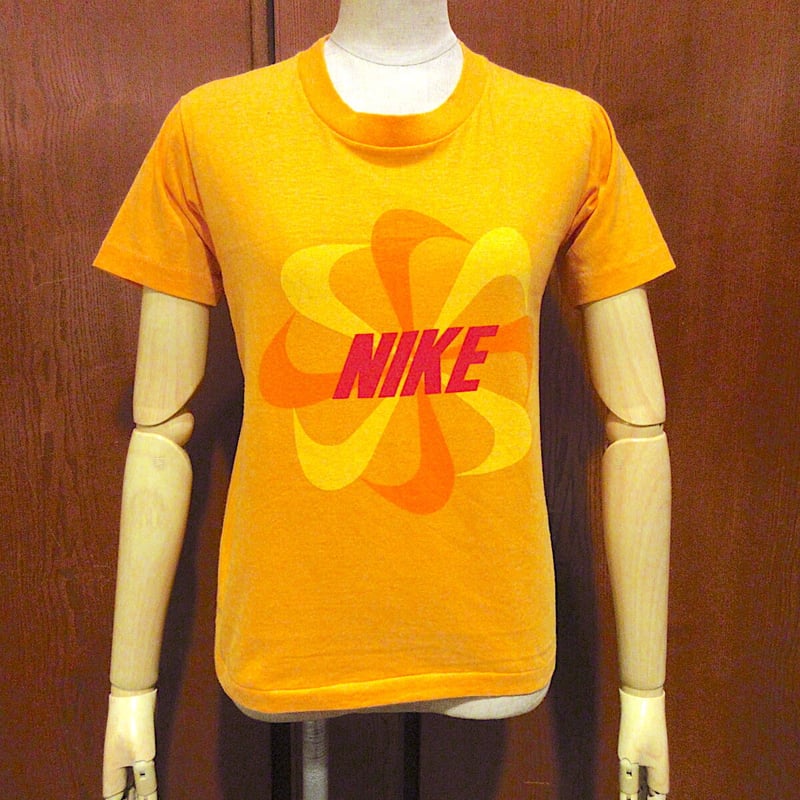 ビンテージ70's○NIKEキッズオレンジスウォッシュ風車プリントTシャツ