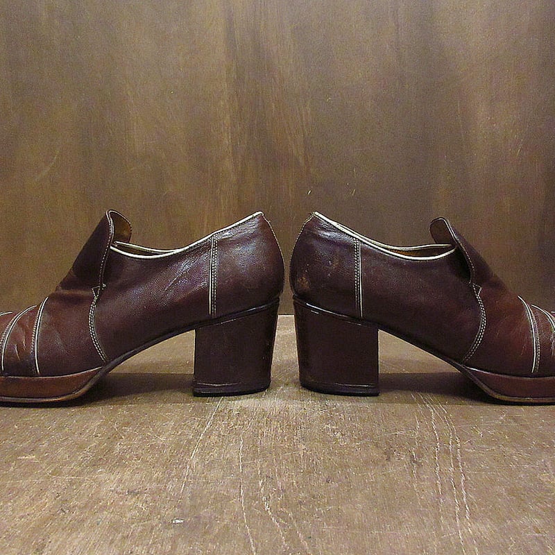 ビンテージ70's○MADE IN SPAINヒールローファー茶size 9 1/2○2212