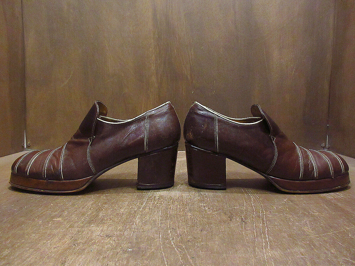 ビンテージ70's○MADE IN SPAINヒールローファー茶size 9 1/2○2212
