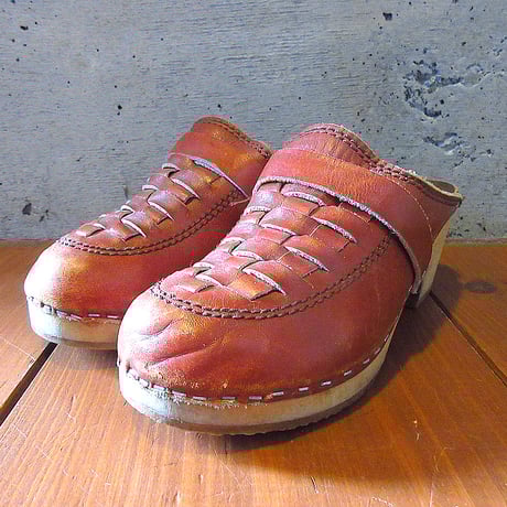 ビンテージ●MADE IN SWEDENレディース編み込みレザーサボ茶Size 36●250225k5-w-sdl-21cmスウェーデン製古着サンダルガールズ革製