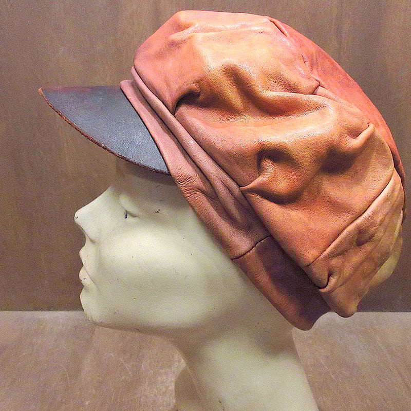 ビンテージ60's70's○レザーキャスケット茶○240207j6-m-cp-cas古着196