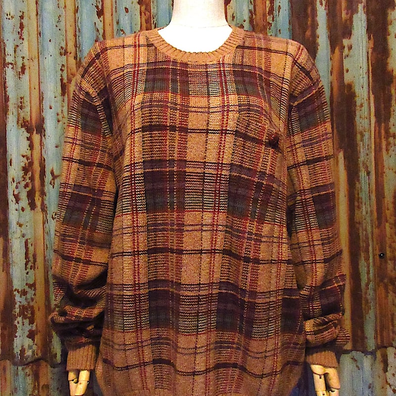 ラルフローレン　ニット　千鳥格子　チェック　エルボーパッチ　レザー　90s ラルフローレン ニット 千鳥格子 チェック エルボーパッチ レザー 90s