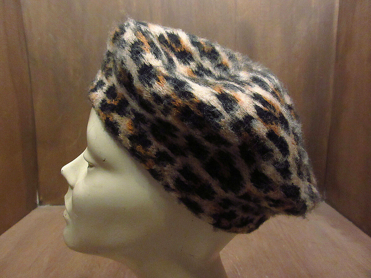 ビンテージ○レオパード柄ニットベレー帽○211019i4-w-cp-ber ヒョウ柄