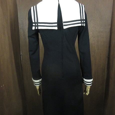 ビンテージ60’s70's●セーラーニットワンピース黒×白×赤size 12●241203j4-w-lsdrsレディース古着1960s1970s
