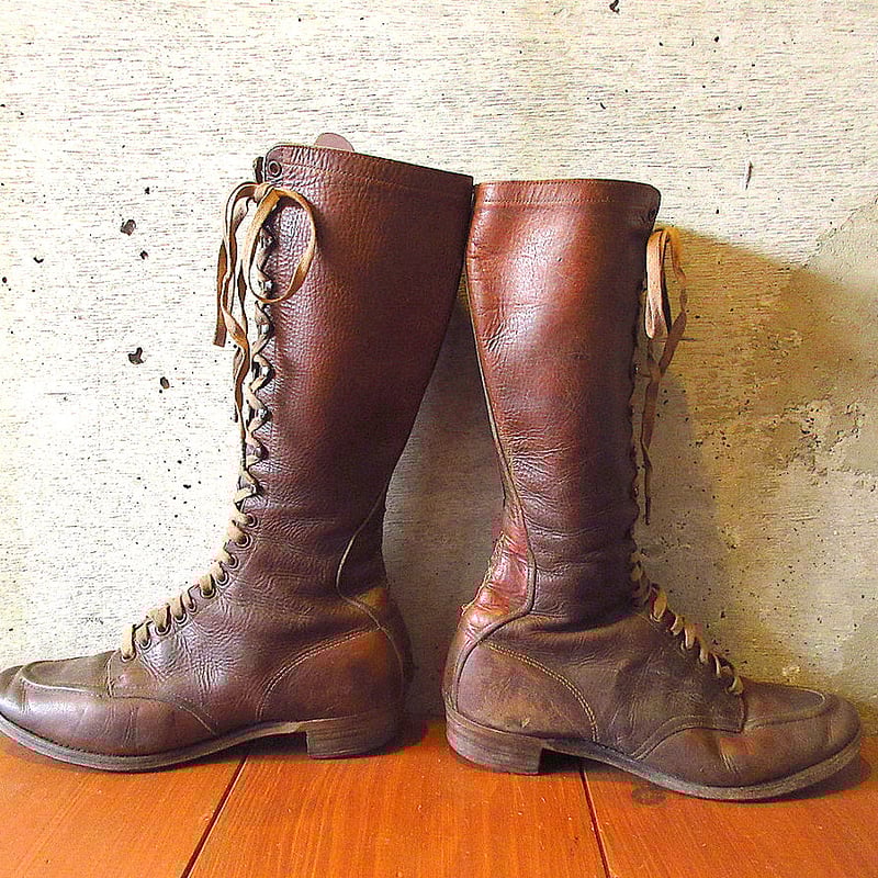 ビンテージ40's○CHIPPEWAレザーレースアップロングブーツ茶実寸 ビンテージ40's○CHIPPEWAレザーレースアップロングブーツ茶実寸