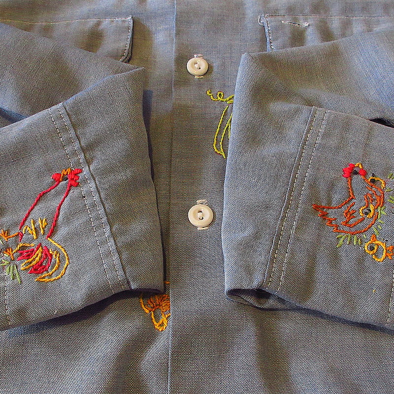 ビンテージ70's○BIG MAC刺繍入りシャンブレーシャツ○240407j4-m-lssh-