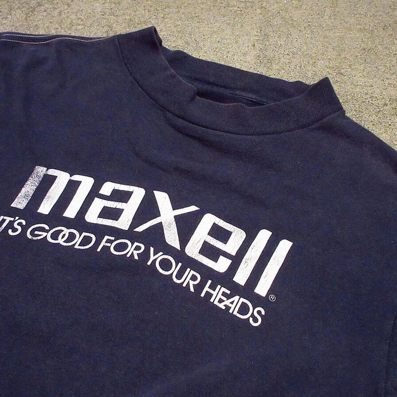ビンテージ80's○maxell プリントTシャツ紺○210625j1-m-tsh-ot