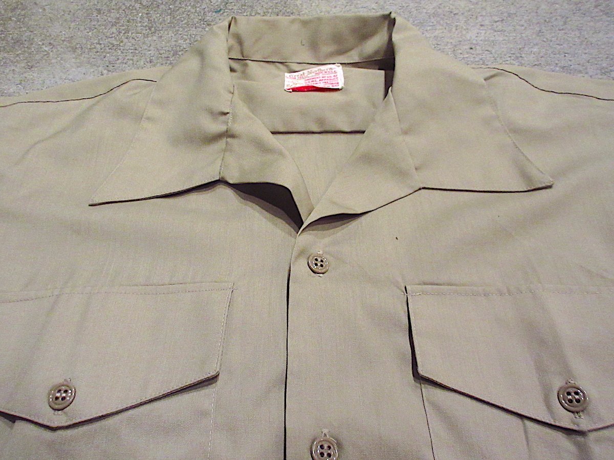 60s US ARMY アメリカ軍 ミリタリー オフィサー 半袖シャツ ビンテージ60's70's○USMC半袖オフィサーシャツカーキsize L