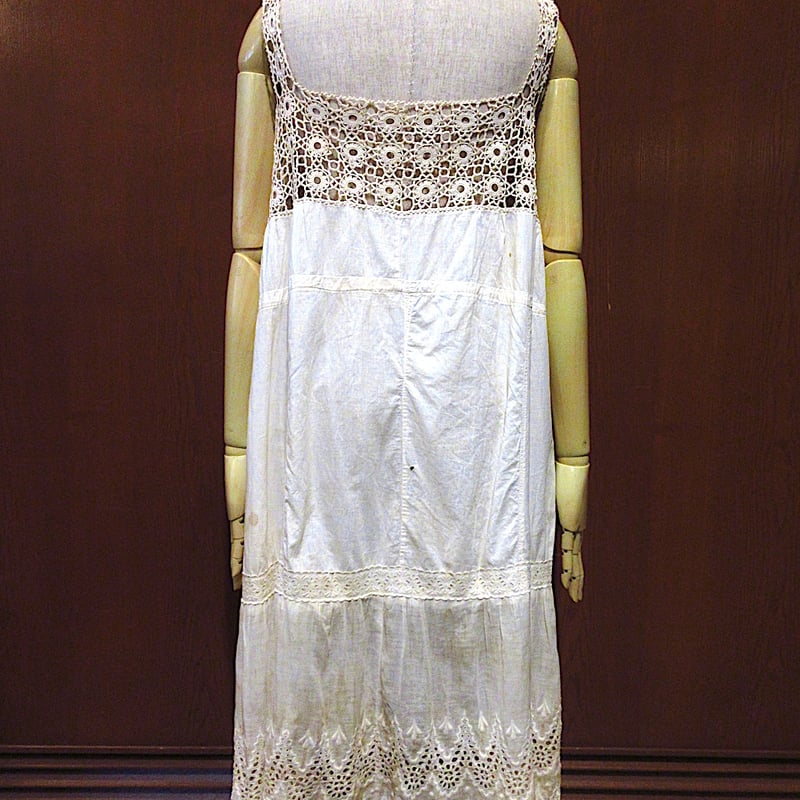 ビンテージ~20's○レース刺繍柄コットンキャミソールワンピース白×生成