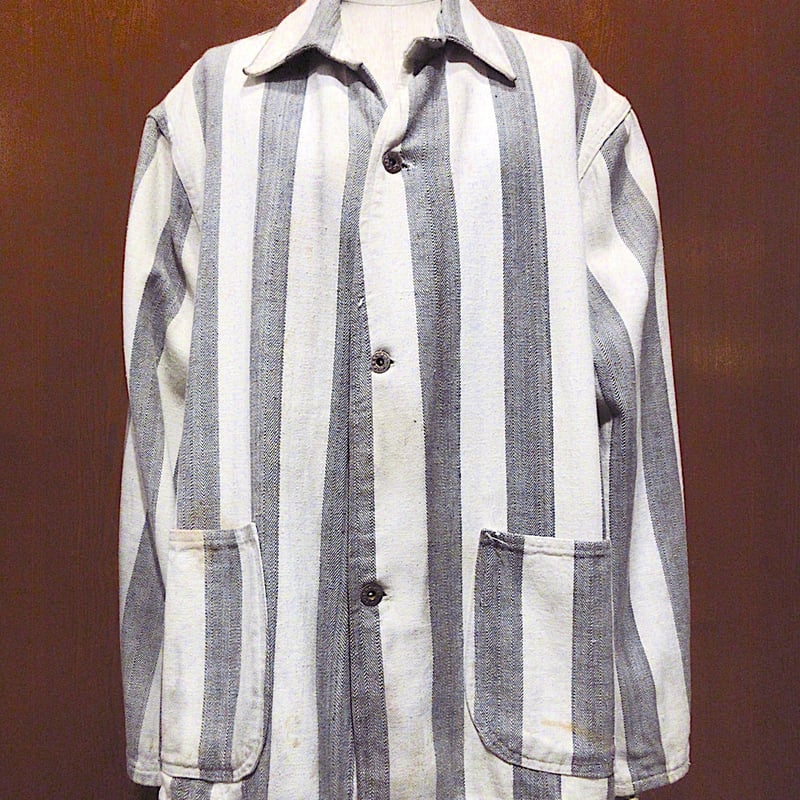 40s FRENCH VINTAGE プリズナー ジャケット ヘリンボーン ビンテージ40's○月桂樹ボタンヘリンボーンストライププリズナー