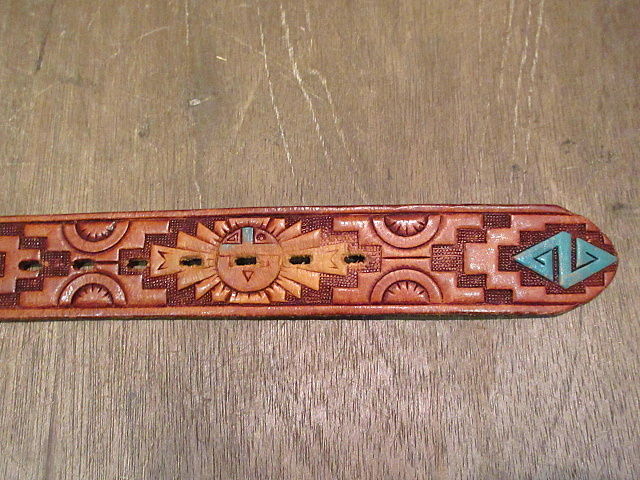 ビンテージ○ホピ族ハンドペイントレザーベルト茶36○200727n5