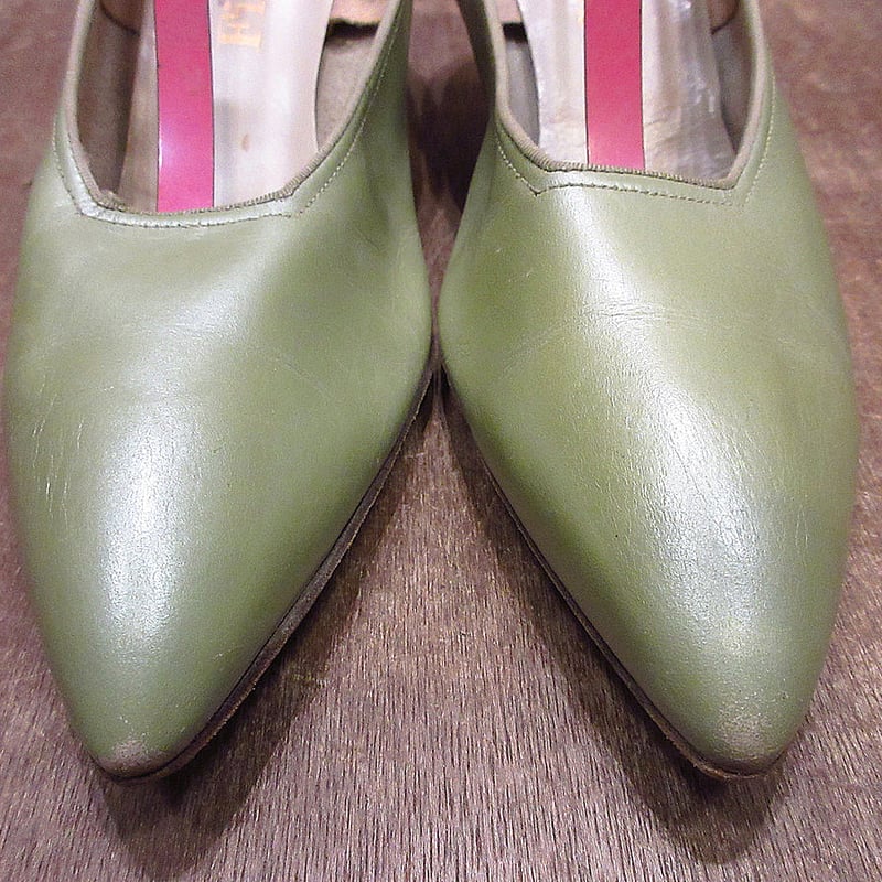 ビンテージ50's○Fianceesレザーパンプス黄緑○240513i2-w-pmp
