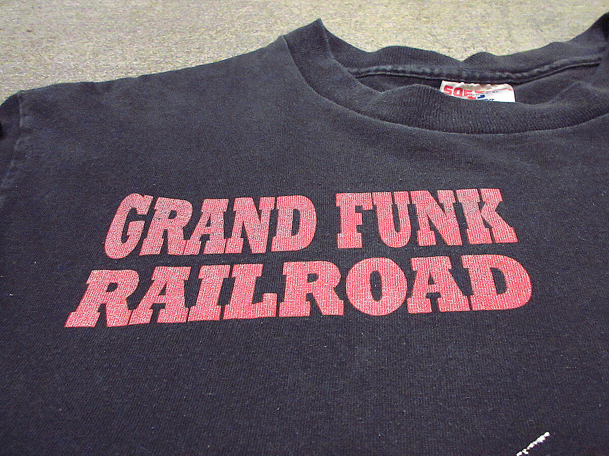 ビンテージ80's○GRAND FUNK RAILROADコットン両面プリントTシャツ黒siz
