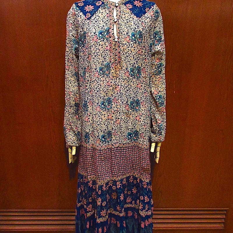ビンテージ70's○Adini花柄インド綿長袖ワンピースsize L○231130c1-w-l