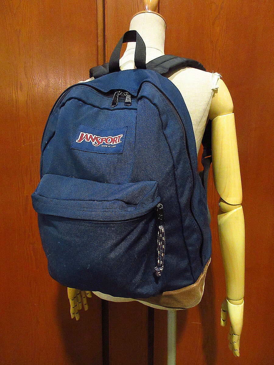 MADE IN U.S.A.  JANSPORTボトムレザーナイロンバックパック紺●210723r7-bag-bpリュックサックジャンスポーツUSA製かばん