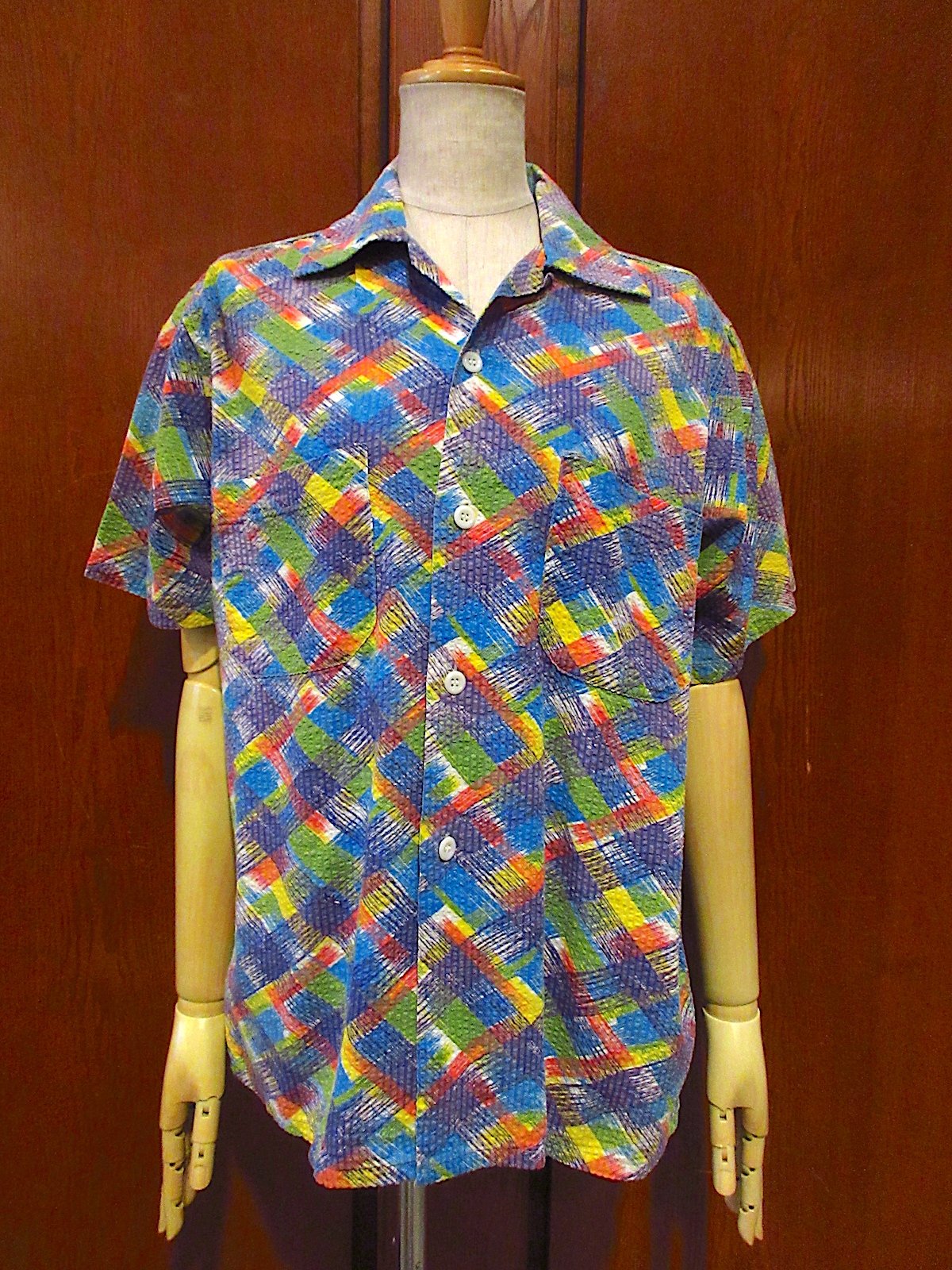 ビンテージ50's○SPIEGEL総柄シアサッカー半袖ループカラーシャツsize