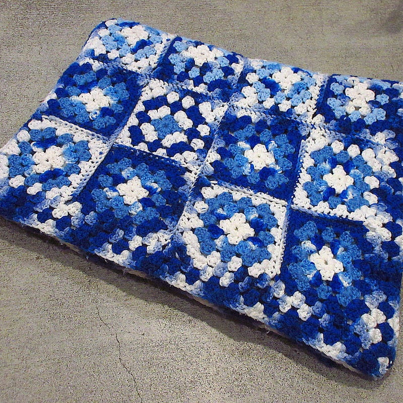 ビンテージ○かぎ針編みブランケット青size約189cm×約127cm○230109i8