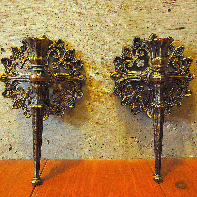 1970年代の 壁掛け キャンドル スタンド 1970's Vintage Candle Stand HOMCO Flower Gold、70年代 樹脂製