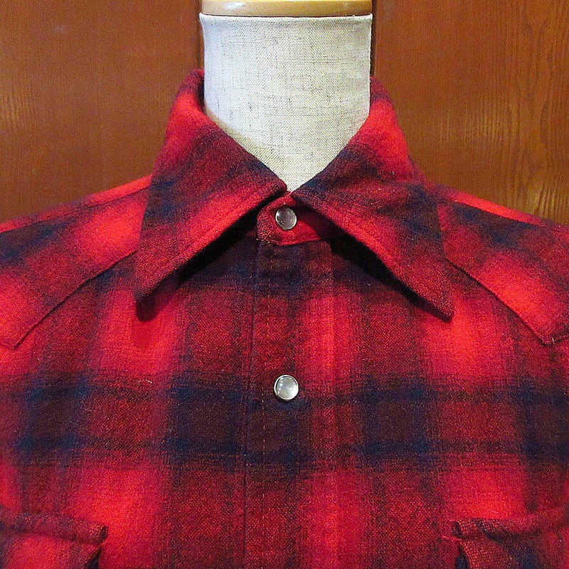 ビンテージ70's○PENDLETONシャドーチェックウールウエスタンシャツ赤
