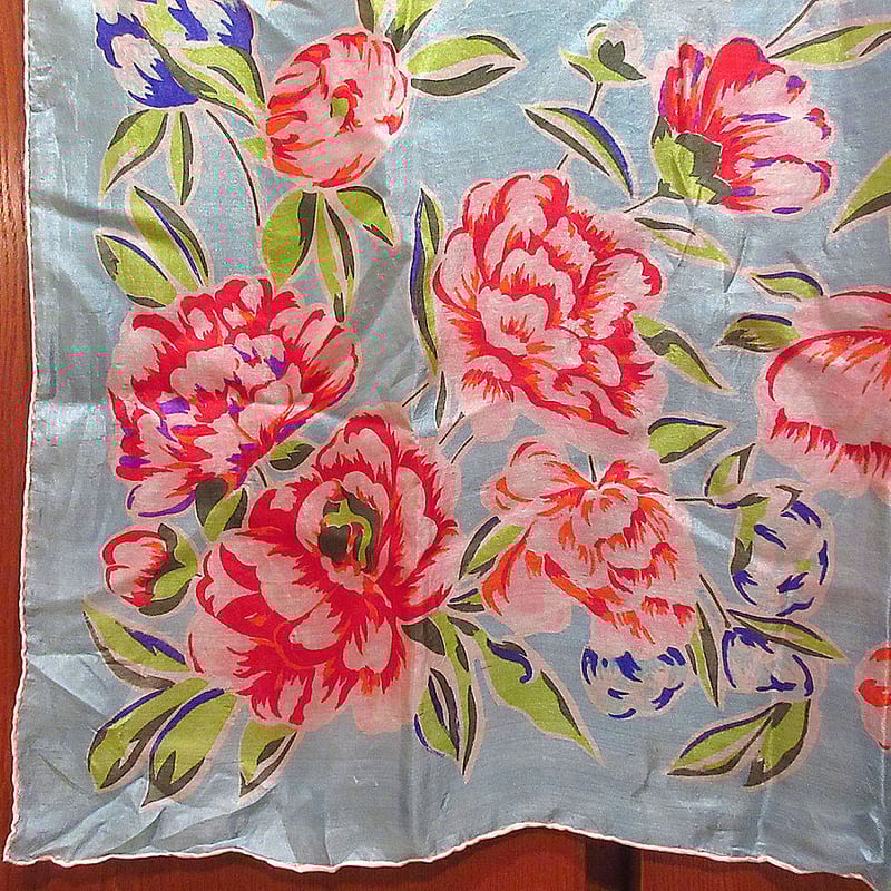 ビンテージ~70's○花プリントシルクスカーフ水色○240407i6-scf