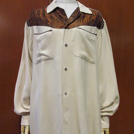 ビンテージ50's●Fleetline花柄切り替えレーヨンウエスタンシャツベージュsize L●240515i3-m-lssh-wstn長袖ループカラー