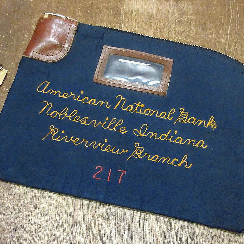 ビンテージ40's○チェーンステッチ刺繍ナイロンマネーバッグ紺