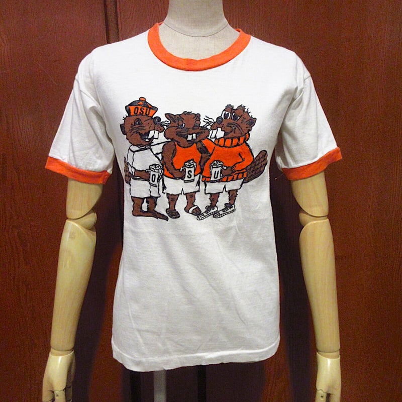 ビンテージ　Champion バータグ　フロッキープリントＴシャツ　古着アメカジ ビンテージ70's○ChampionバータグOSU染み込み×フロッキー