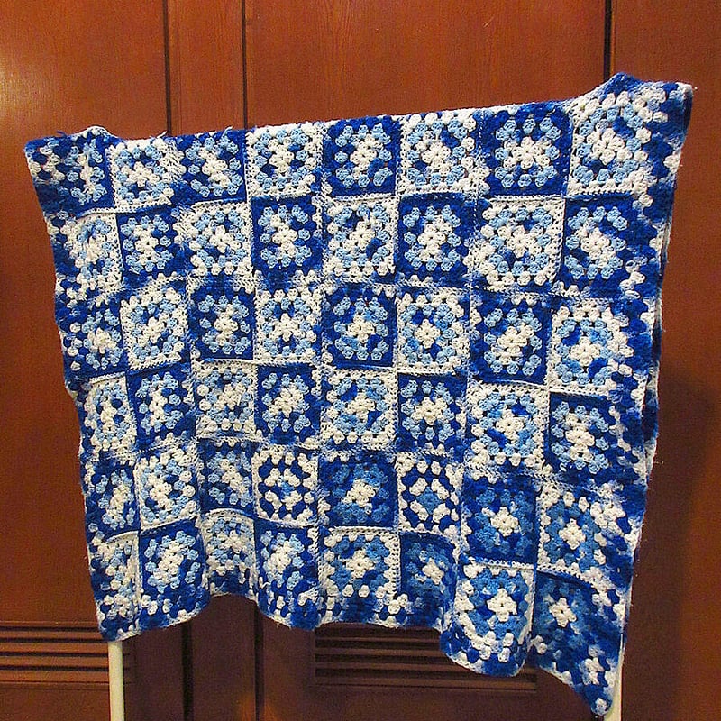 ビンテージ○かぎ針編みブランケット青size約189cm×約127cm○230109i8