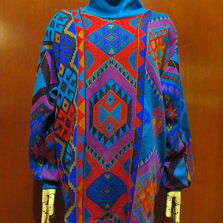 vintage ニットセーターM カラフル総柄アート古着レトロ