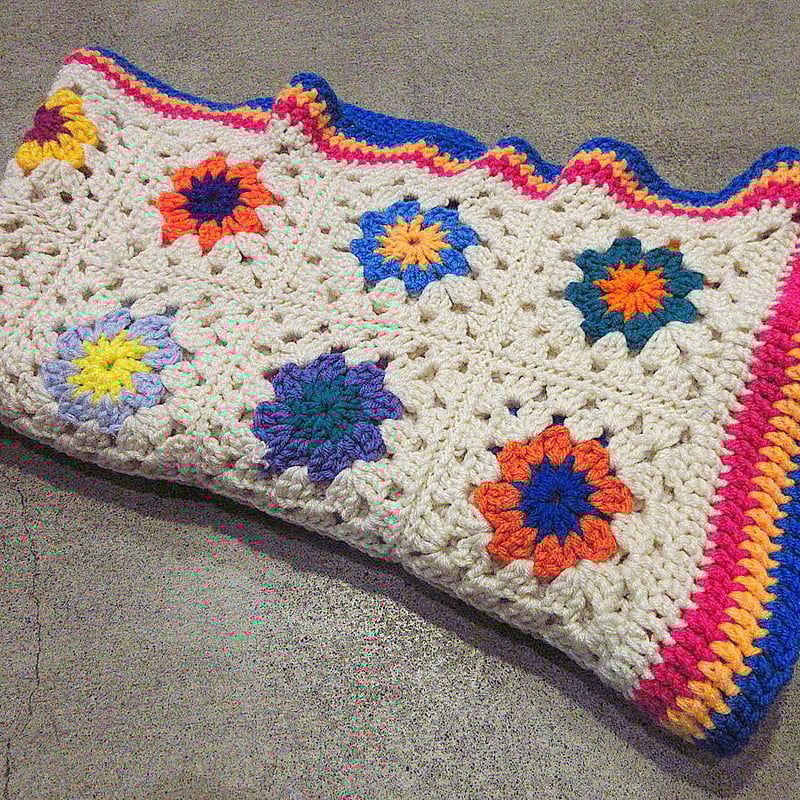 ビンテージ○かぎ針編みブランケットsize 約127cm×約155cm○230327j5-bl